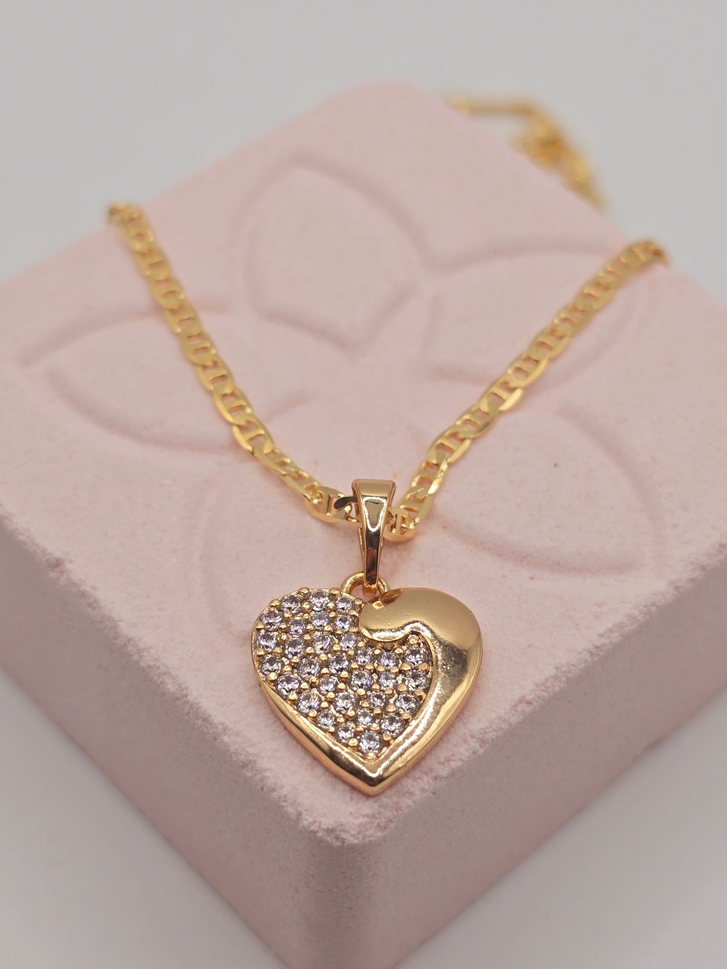 Zirconia Heart 14K laminated gold Cadena en Oro Brasilero diseno de corazon con zirconio - Fui Fuiu Jewelry