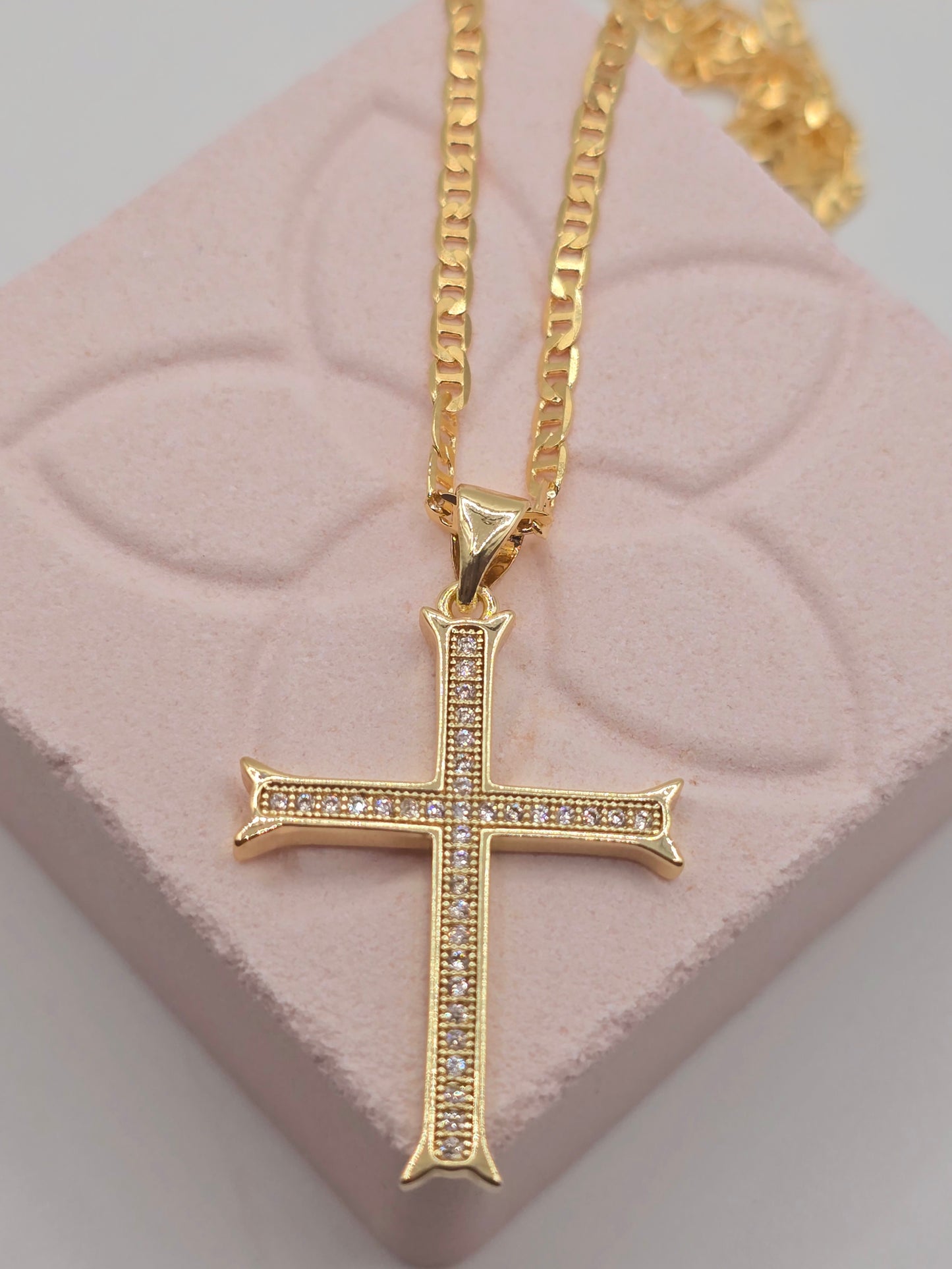 Zirconia cross 14K laminated gold Cadena en Oro Brasilero diseno de cruz con zirconia - Fui Fuiu Jewelry