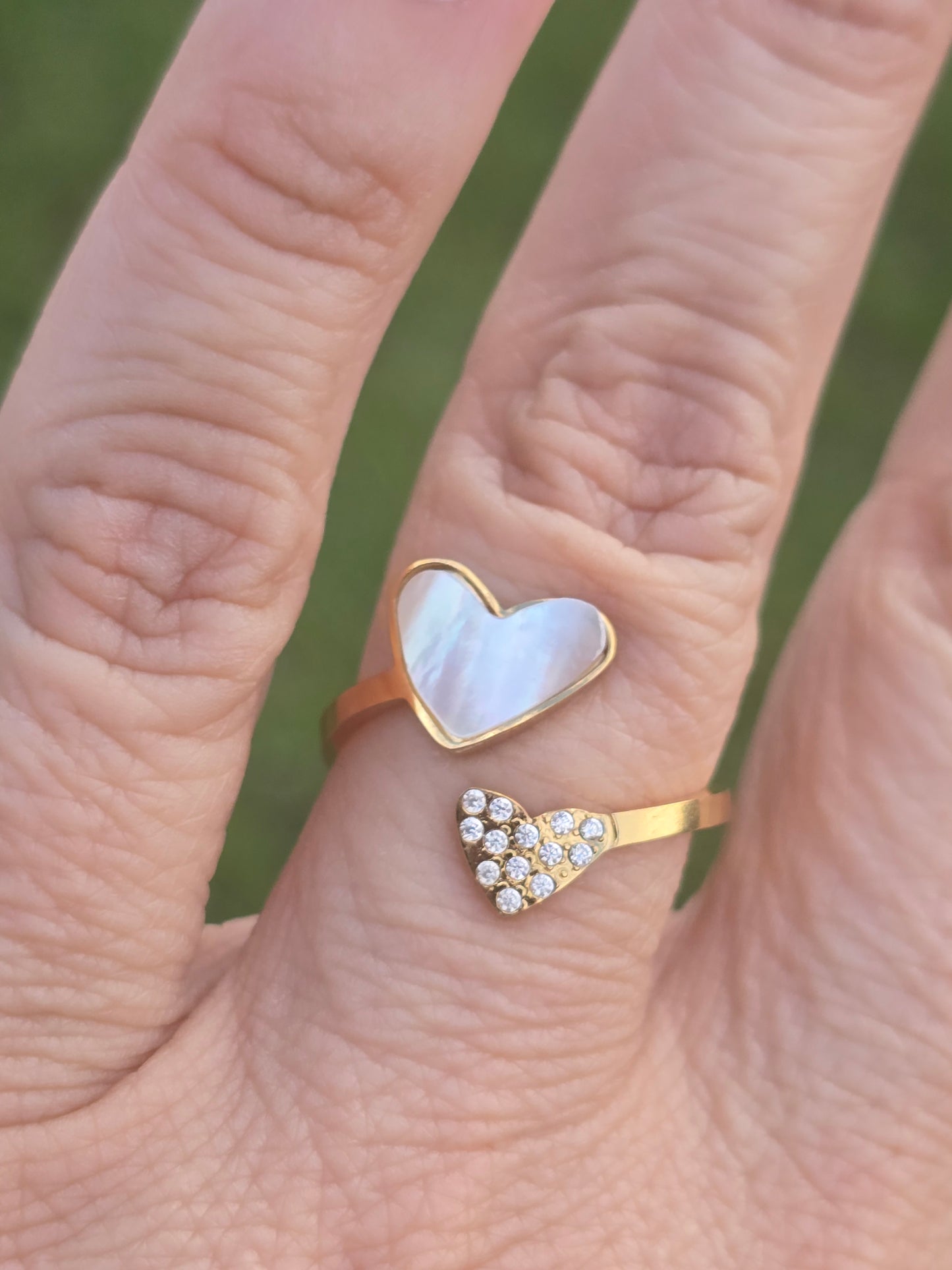 Shelled heart ant zirconia Ring anillo grueso con corazon nacarado acero stainless steel ring