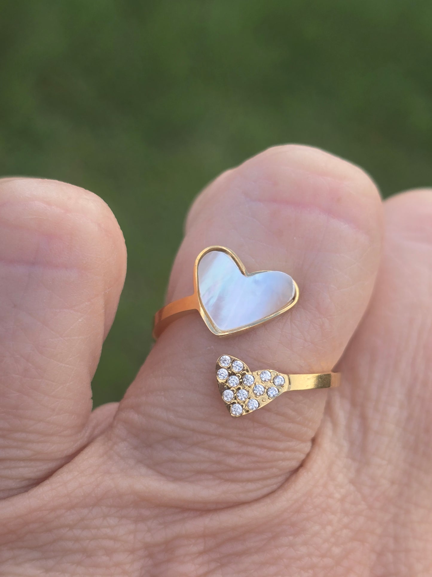 Shelled heart ant zirconia Ring anillo grueso con corazon nacarado acero stainless steel ring