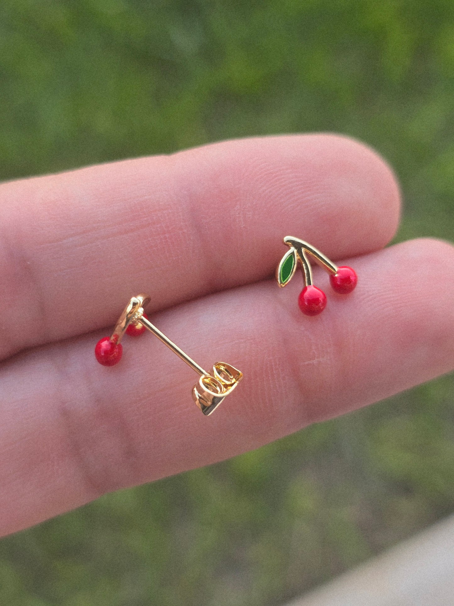 Mini cherries studs super cute earrings mini cerezas aretes gold plated 18K - Fui Fuiu Jewelry