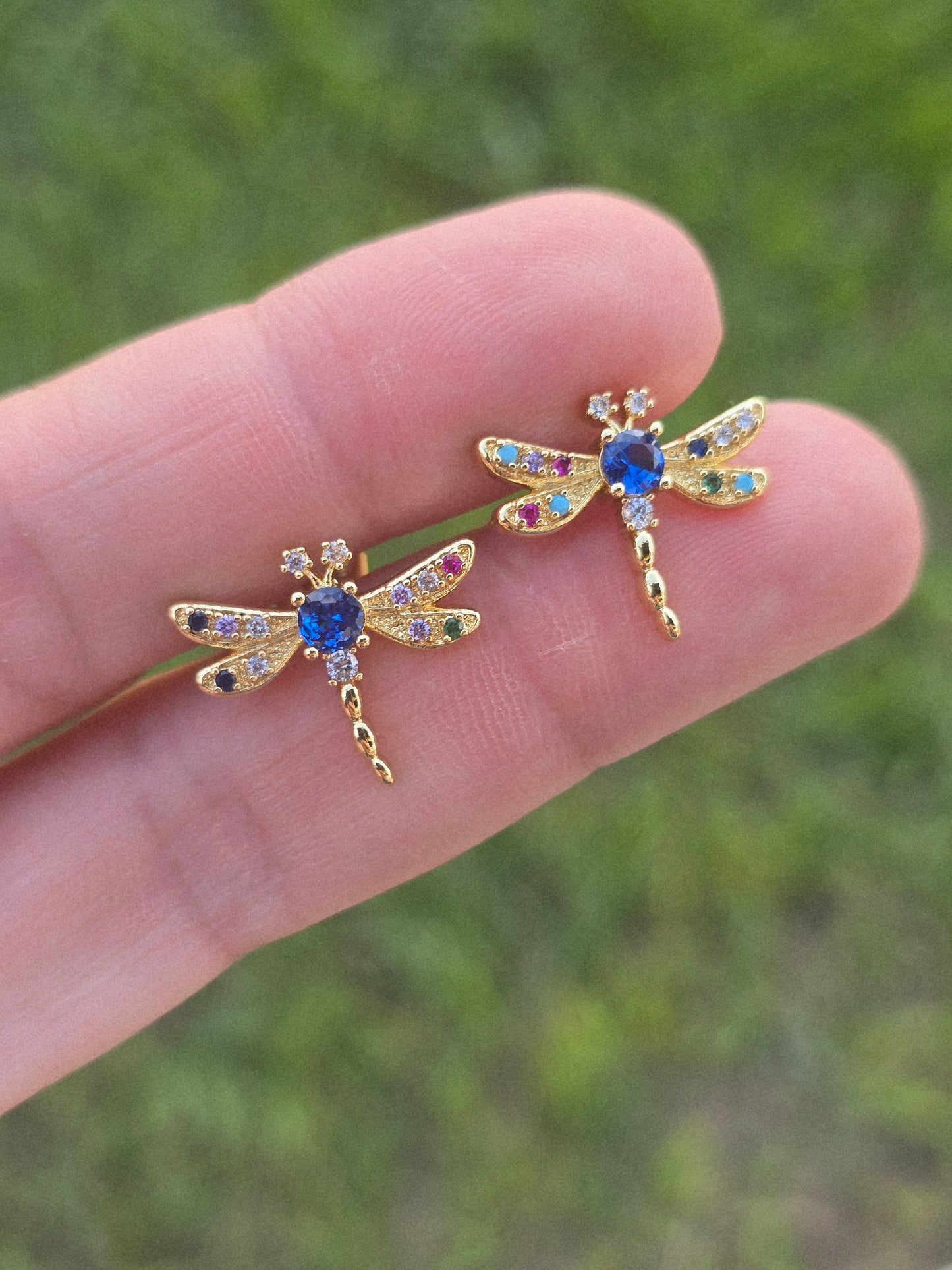 Dragonflies studs crystal aretes de libélulas aretes earrings gold plated 18K