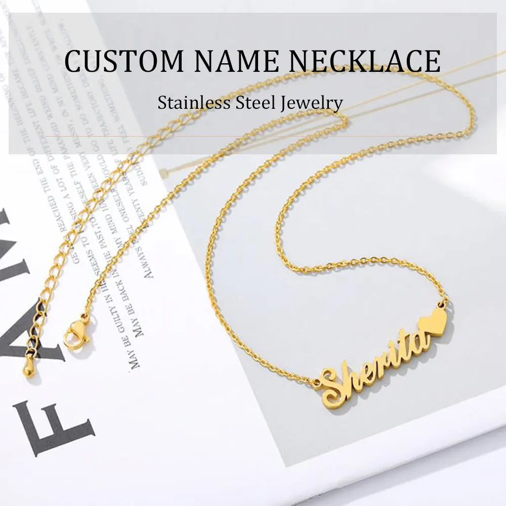 Custom Name with Heart Necklace for Women Stainless Steel Jewelry Personalized Letter Pendant Gold Chains Choker Christmas Gift - Fui Fuiu Jewelry