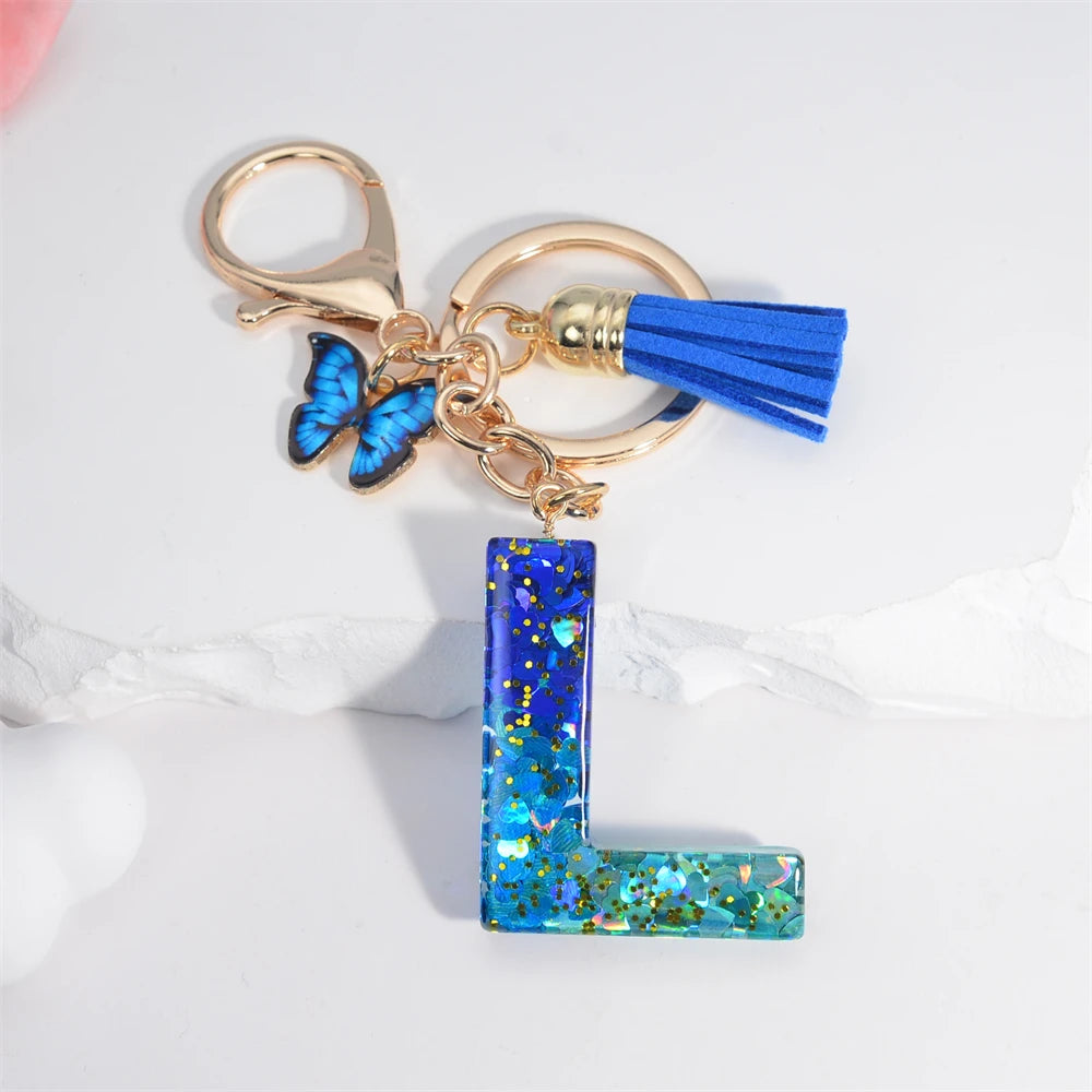 26 English Alphabet Letter Tassels Keychain Crystal Acrylic Butterfly Pendent Key Chain Women Gift Fashion Jewelry Accessories - Fui Fuiu Jewelry