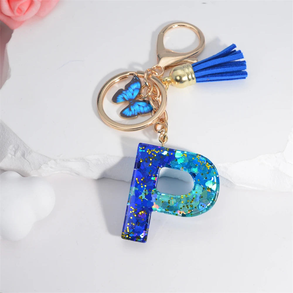 26 English Alphabet Letter Tassels Keychain Crystal Acrylic Butterfly Pendent Key Chain Women Gift Fashion Jewelry Accessories - Fui Fuiu Jewelry