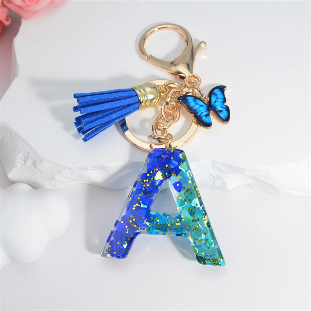 26 English Alphabet Letter Tassels Keychain Crystal Acrylic Butterfly Pendent Key Chain Women Gift Fashion Jewelry Accessories - Fui Fuiu Jewelry