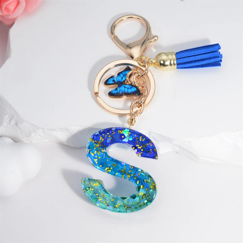 26 English Alphabet Letter Tassels Keychain Crystal Acrylic Butterfly Pendent Key Chain Women Gift Fashion Jewelry Accessories - Fui Fuiu Jewelry
