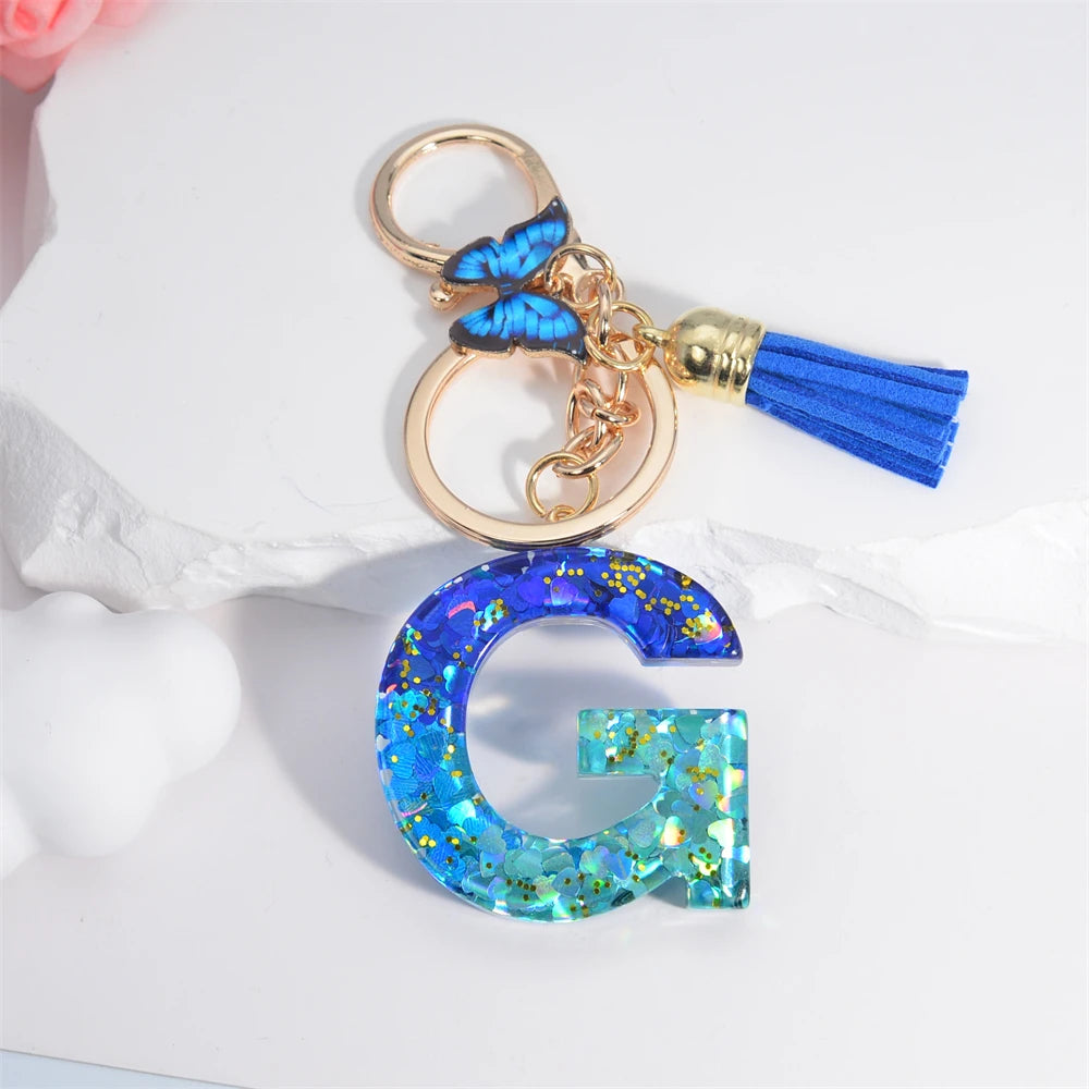 26 English Alphabet Letter Tassels Keychain Crystal Acrylic Butterfly Pendent Key Chain Women Gift Fashion Jewelry Accessories - Fui Fuiu Jewelry