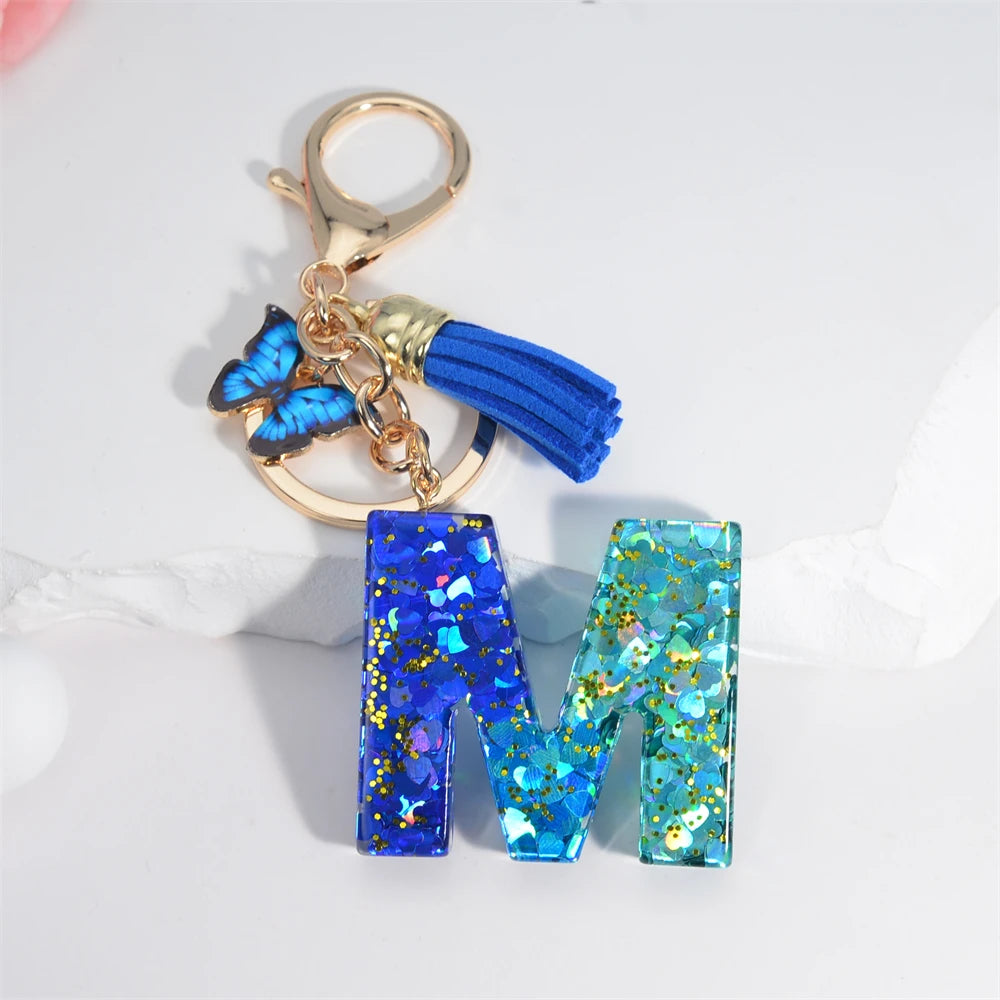 26 English Alphabet Letter Tassels Keychain Crystal Acrylic Butterfly Pendent Key Chain Women Gift Fashion Jewelry Accessories - Fui Fuiu Jewelry