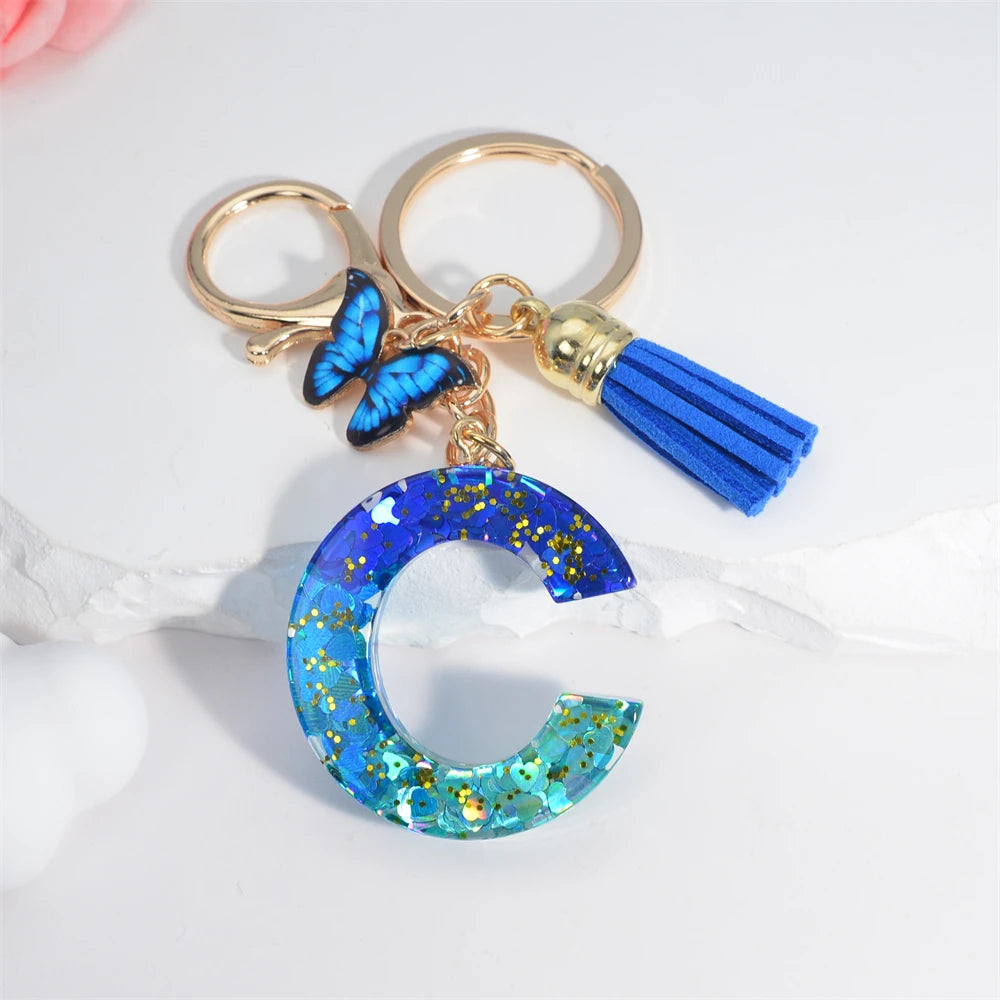 26 English Alphabet Letter Tassels Keychain Crystal Acrylic Butterfly Pendent Key Chain Women Gift Fashion Jewelry Accessories - Fui Fuiu Jewelry
