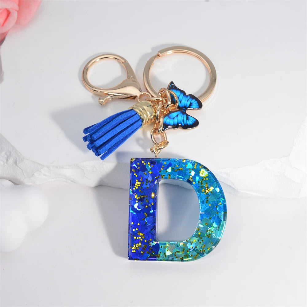 26 English Alphabet Letter Tassels Keychain Crystal Acrylic Butterfly Pendent Key Chain Women Gift Fashion Jewelry Accessories - Fui Fuiu Jewelry