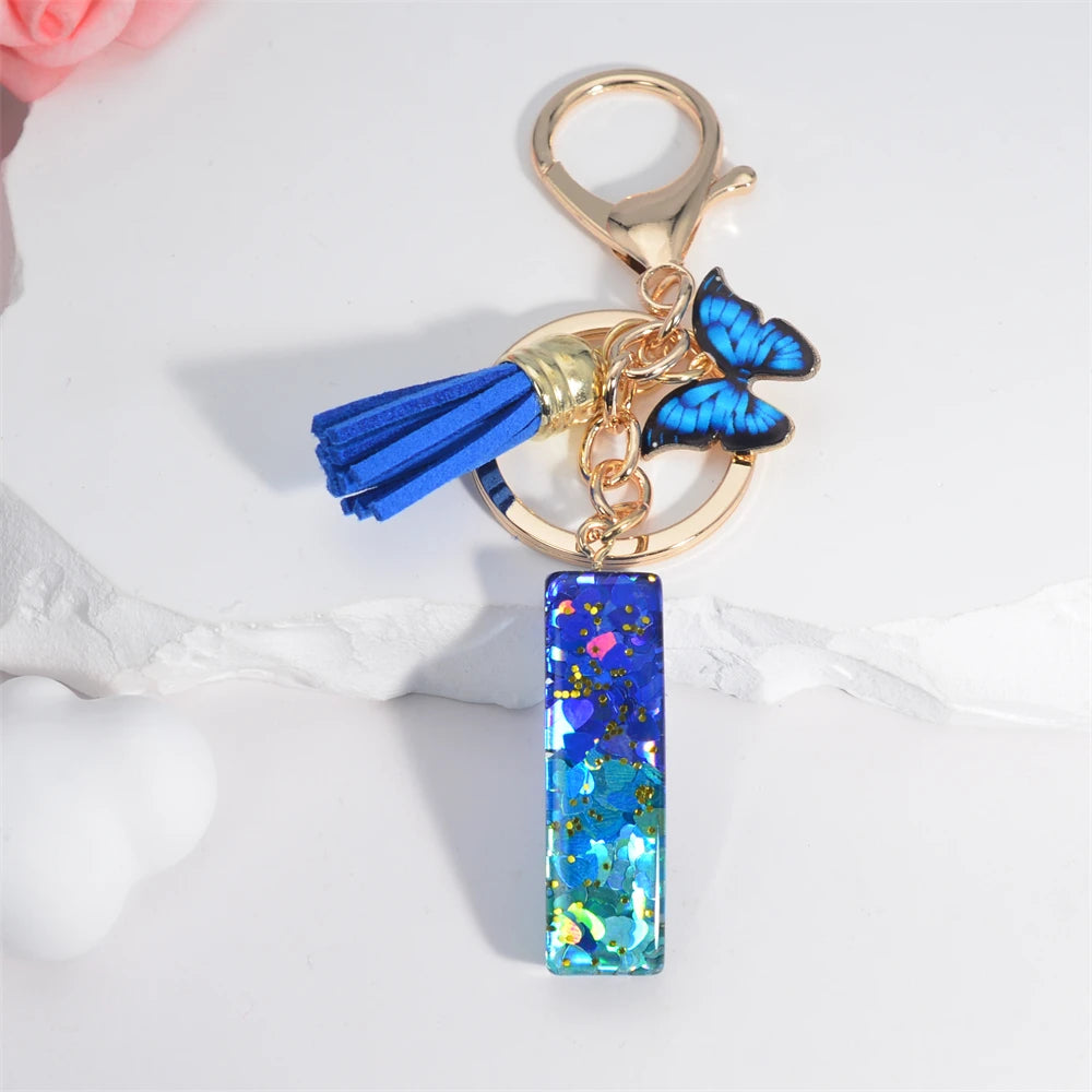 26 English Alphabet Letter Tassels Keychain Crystal Acrylic Butterfly Pendent Key Chain Women Gift Fashion Jewelry Accessories - Fui Fuiu Jewelry