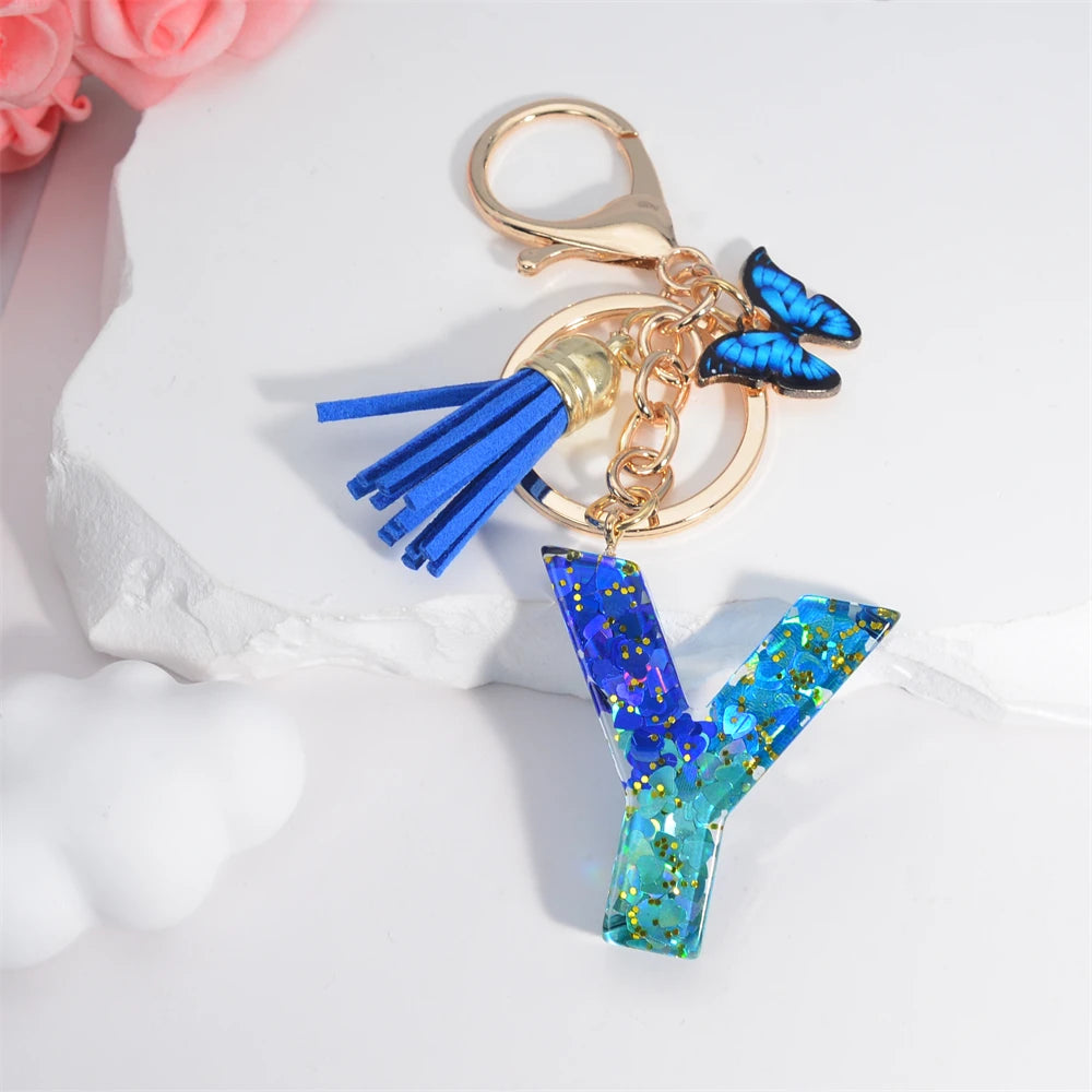26 English Alphabet Letter Tassels Keychain Crystal Acrylic Butterfly Pendent Key Chain Women Gift Fashion Jewelry Accessories - Fui Fuiu Jewelry