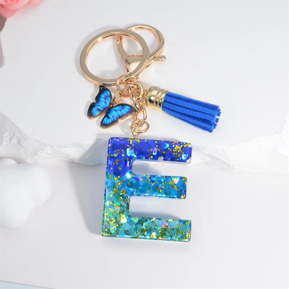 26 English Alphabet Letter Tassels Keychain Crystal Acrylic Butterfly Pendent Key Chain Women Gift Fashion Jewelry Accessories - Fui Fuiu Jewelry