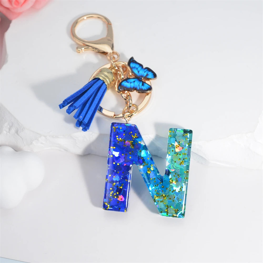 26 English Alphabet Letter Tassels Keychain Crystal Acrylic Butterfly Pendent Key Chain Women Gift Fashion Jewelry Accessories - Fui Fuiu Jewelry