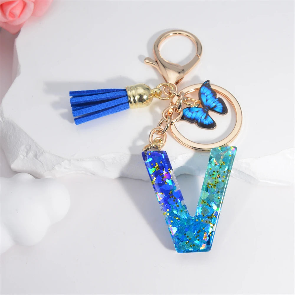 26 English Alphabet Letter Tassels Keychain Crystal Acrylic Butterfly Pendent Key Chain Women Gift Fashion Jewelry Accessories - Fui Fuiu Jewelry