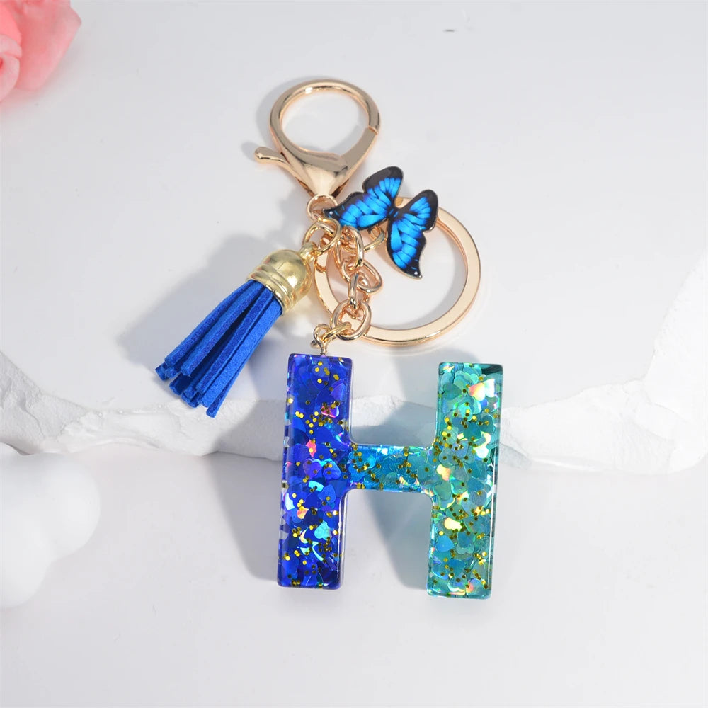 26 English Alphabet Letter Tassels Keychain Crystal Acrylic Butterfly Pendent Key Chain Women Gift Fashion Jewelry Accessories - Fui Fuiu Jewelry