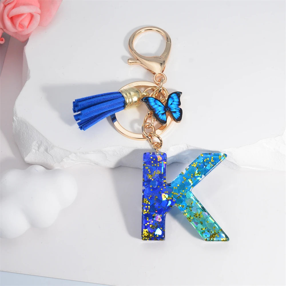 26 English Alphabet Letter Tassels Keychain Crystal Acrylic Butterfly Pendent Key Chain Women Gift Fashion Jewelry Accessories - Fui Fuiu Jewelry