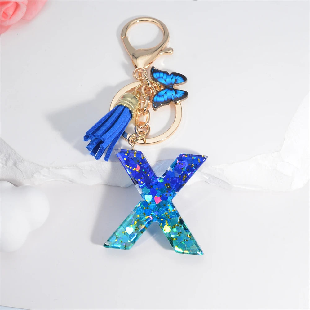 26 English Alphabet Letter Tassels Keychain Crystal Acrylic Butterfly Pendent Key Chain Women Gift Fashion Jewelry Accessories - Fui Fuiu Jewelry
