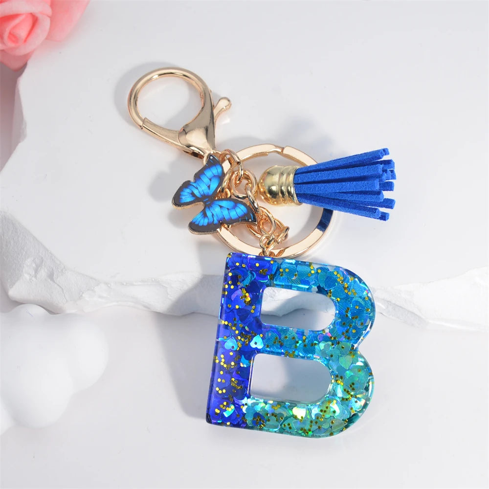 26 English Alphabet Letter Tassels Keychain Crystal Acrylic Butterfly Pendent Key Chain Women Gift Fashion Jewelry Accessories - Fui Fuiu Jewelry