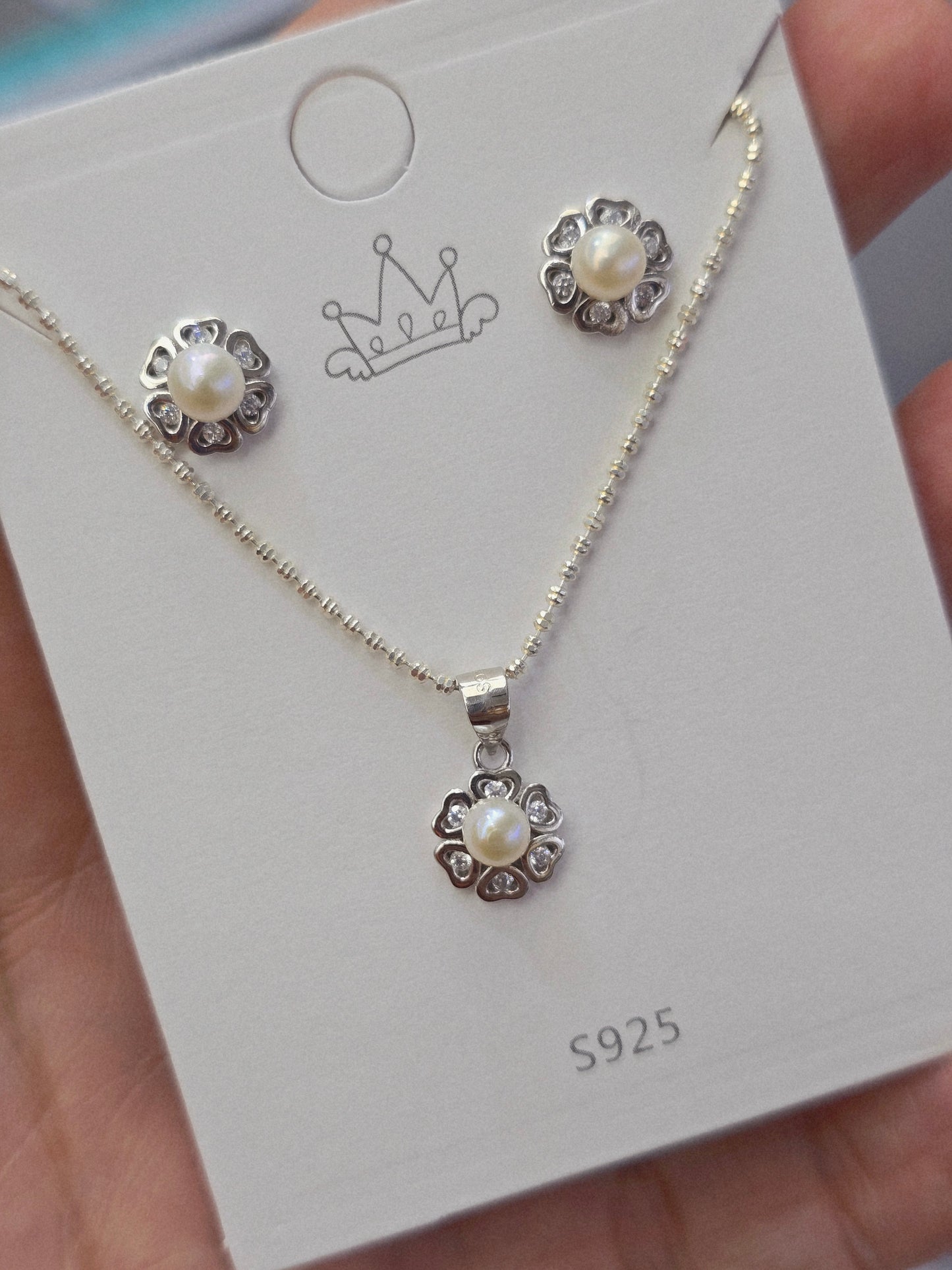 Set flower and pearl sterling silver 925 plata aretes studs y cadena de flor con perla
