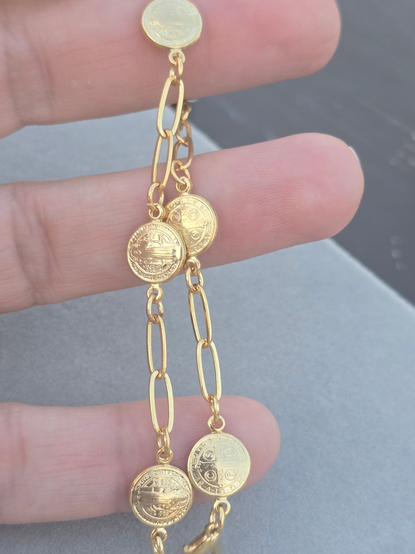 St Benedict bracelet and chain Brasilian Gold San Benito pulsera Oro Brasilero 14K