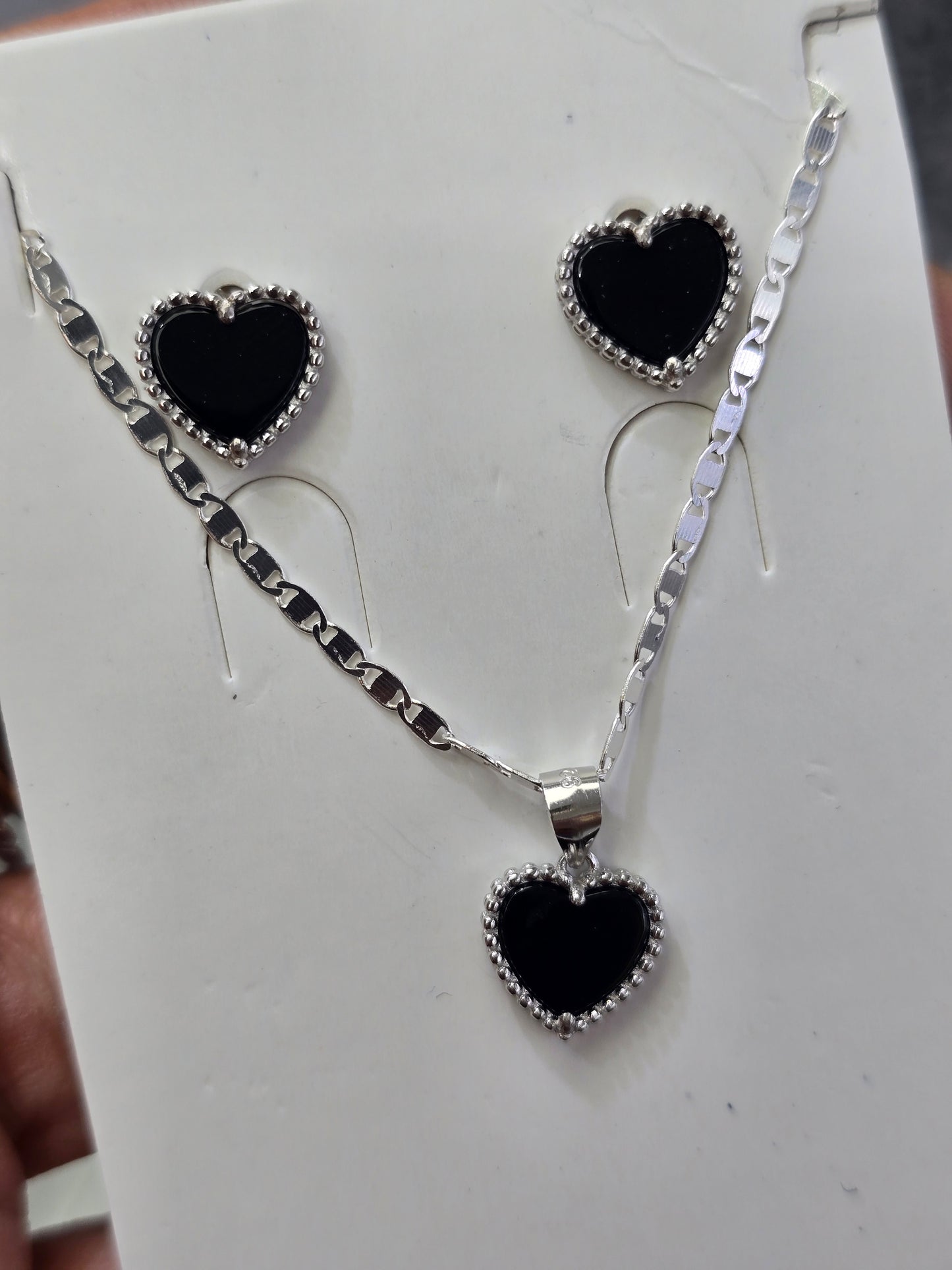 Black heart sterling silver 925 plata set aretes studs y cadena con corazon negro necklaces and earrings