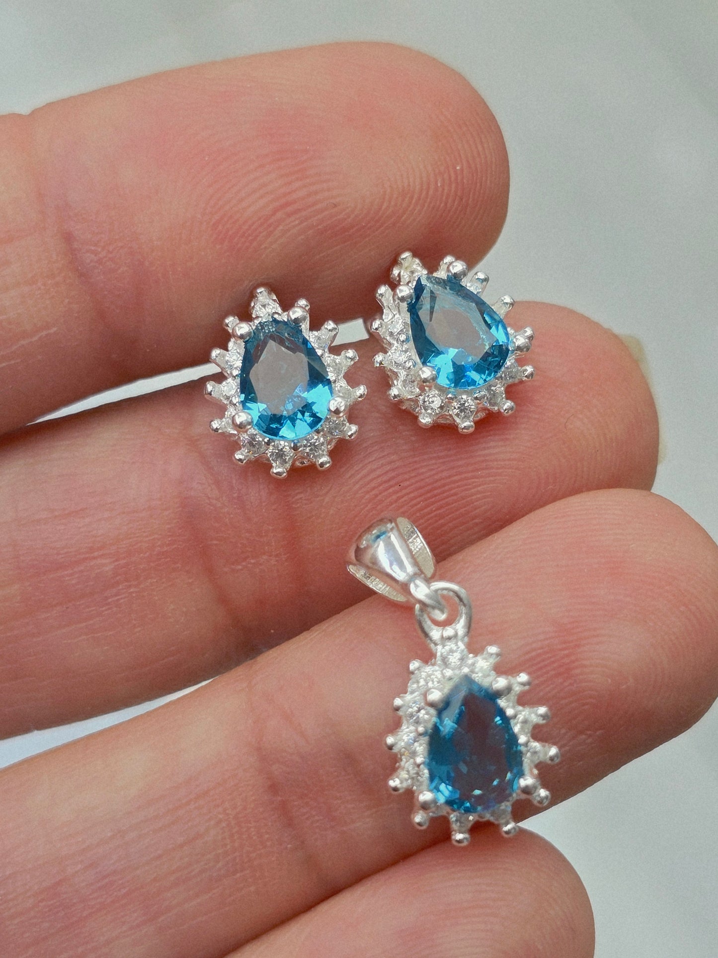 Set 925 sterling silver gemstone small necklace pendant and earrings cadena dije y aretes con piedra