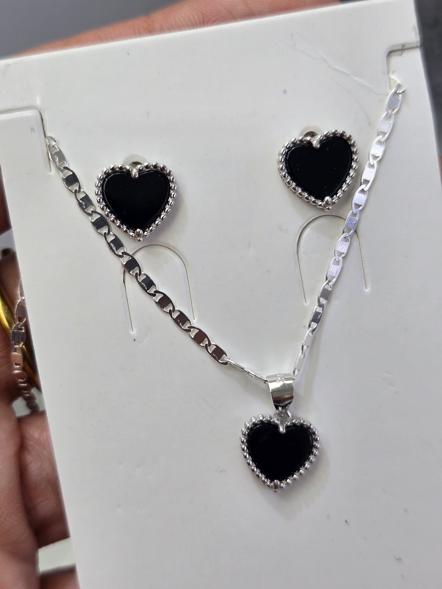 Black heart sterling silver 925 plata set aretes studs y cadena con corazon negro necklaces and earrings