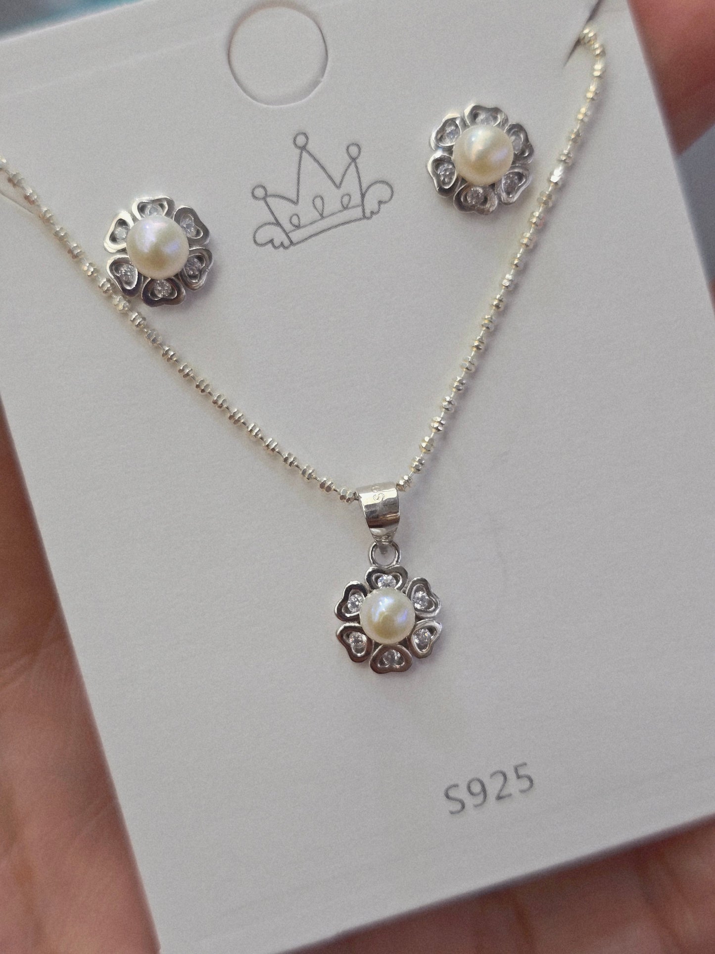 Set flower and pearl sterling silver 925 plata aretes studs y cadena de flor con perla