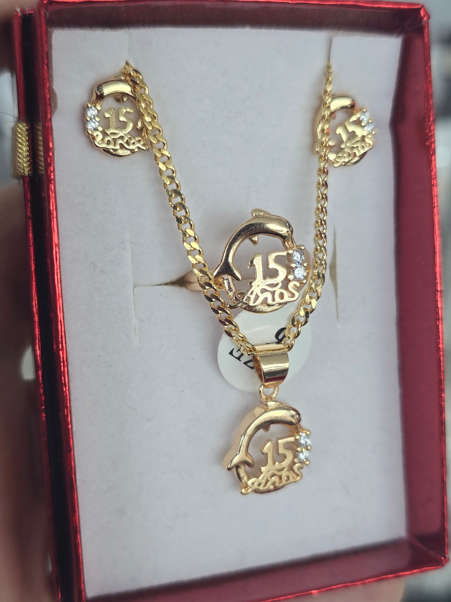 15's ring necklace and earrings quinceañera 14K Gold filled set laminado rings anillo aretes