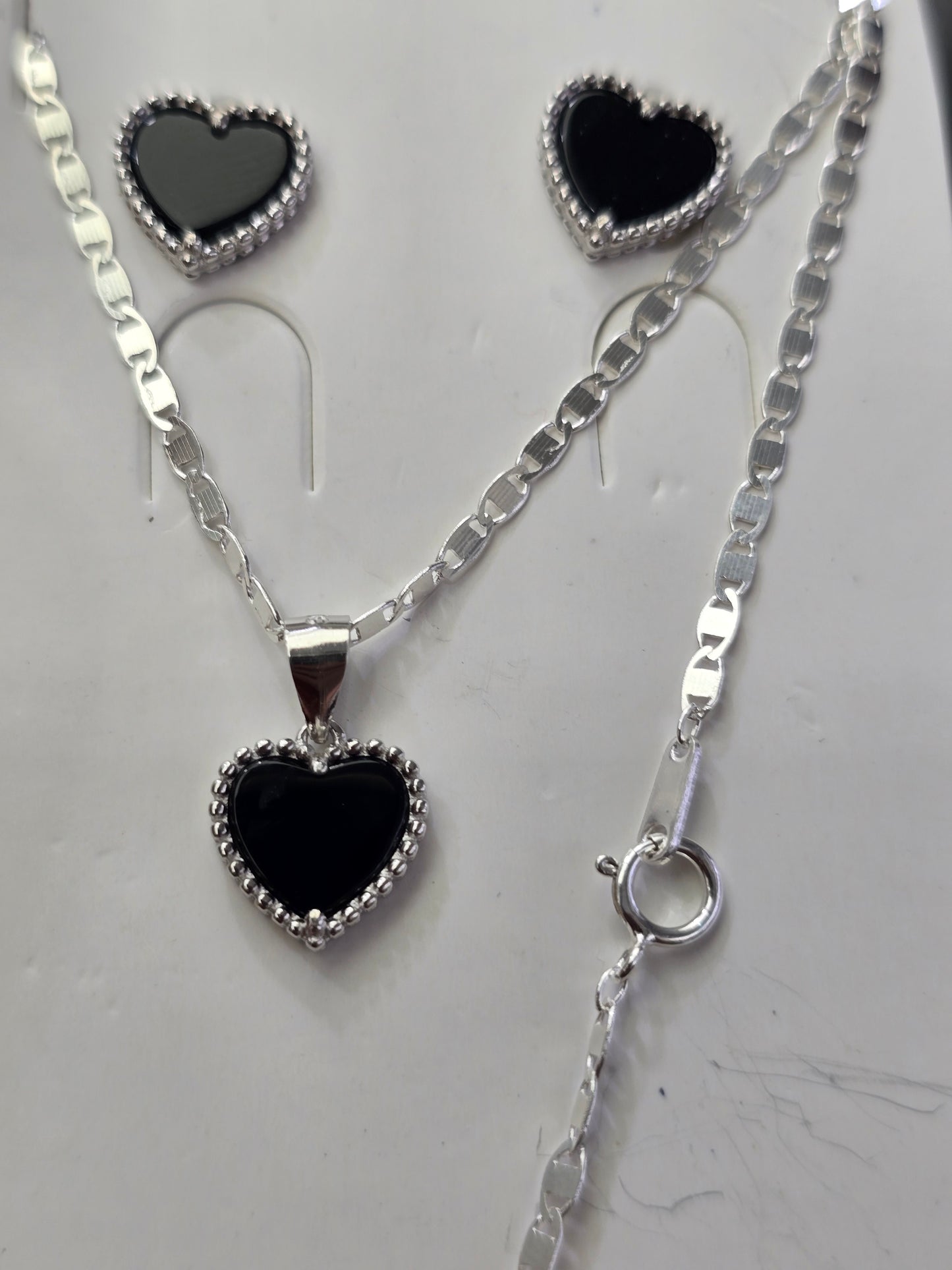 Black heart sterling silver 925 plata set aretes studs y cadena con corazon negro necklaces and earrings