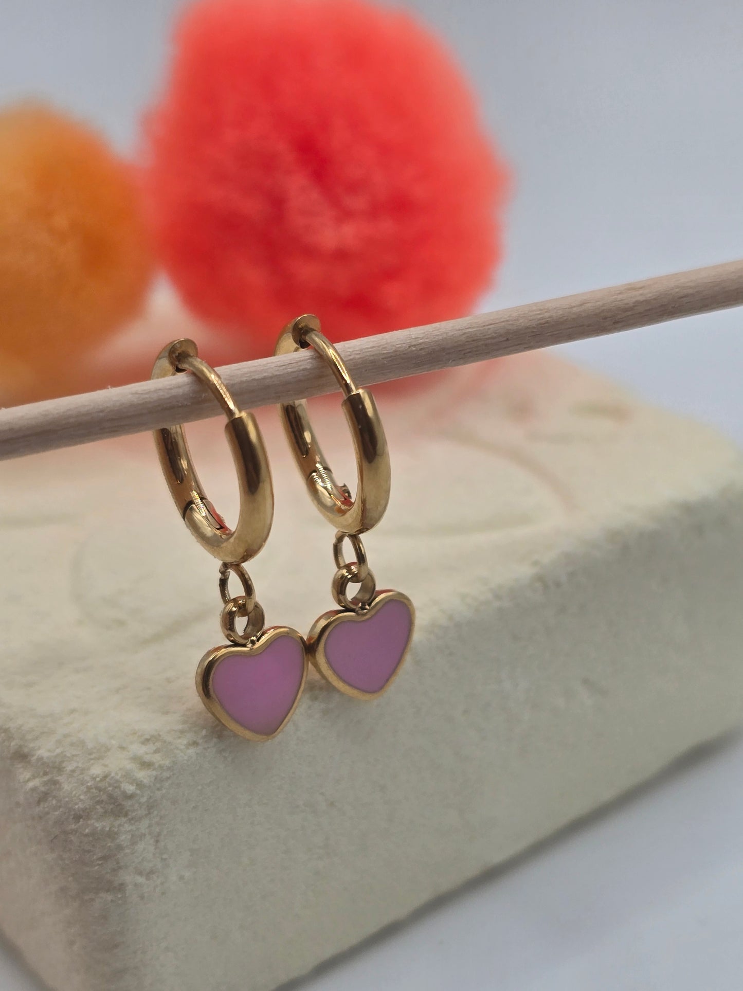 Aretes earring hoops pink heart golden stainless steel dorados zarcillos corazones rosa - Fui Fuiu Jewelry
