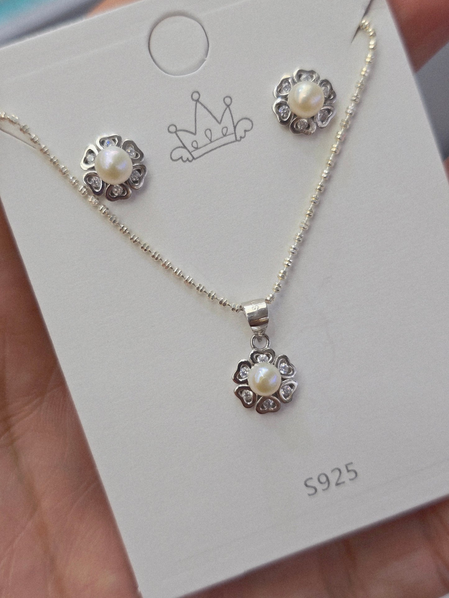 Set flower and pearl sterling silver 925 plata aretes studs y cadena de flor con perla