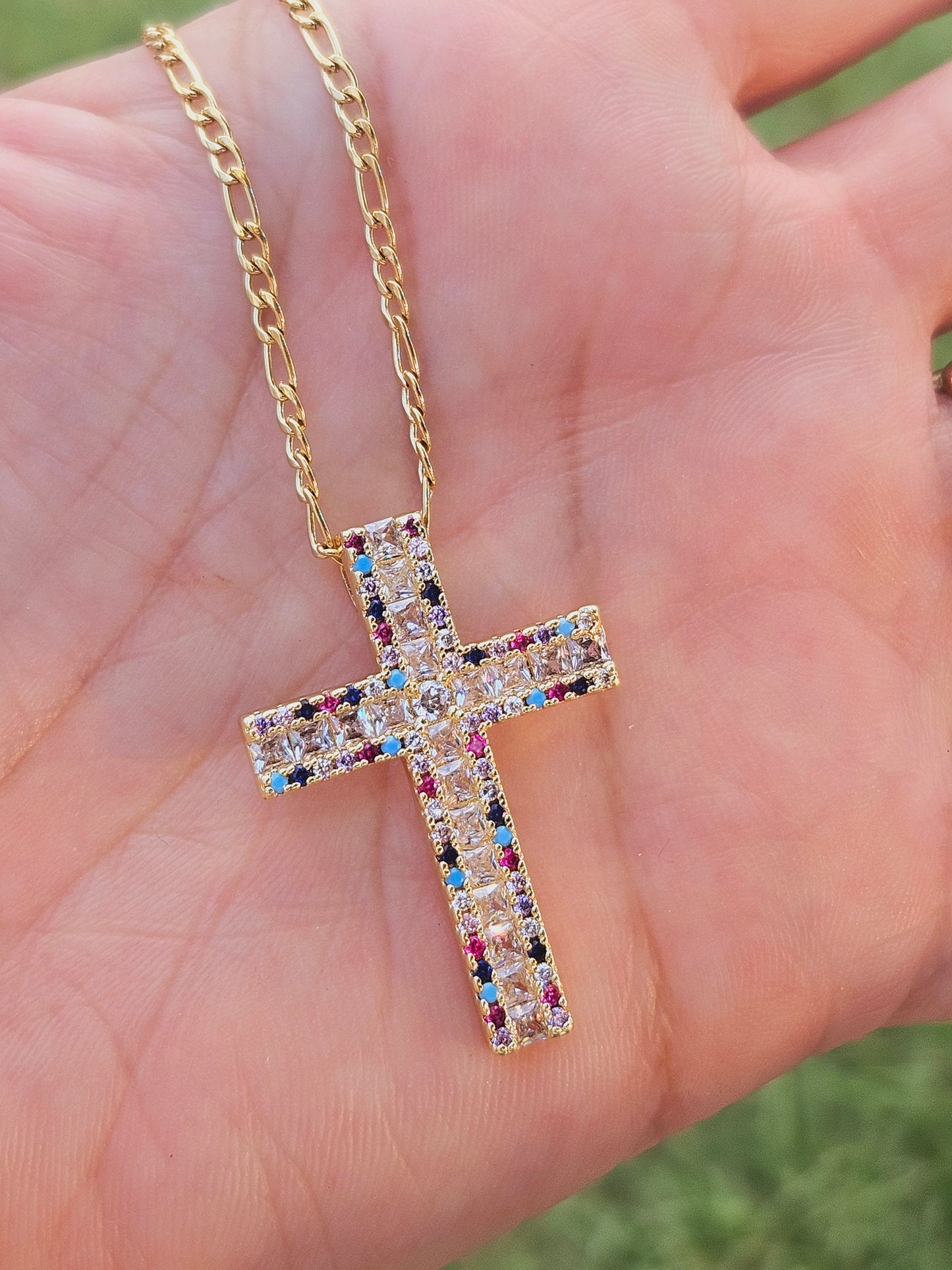 Clear and color zirconia cross necklace