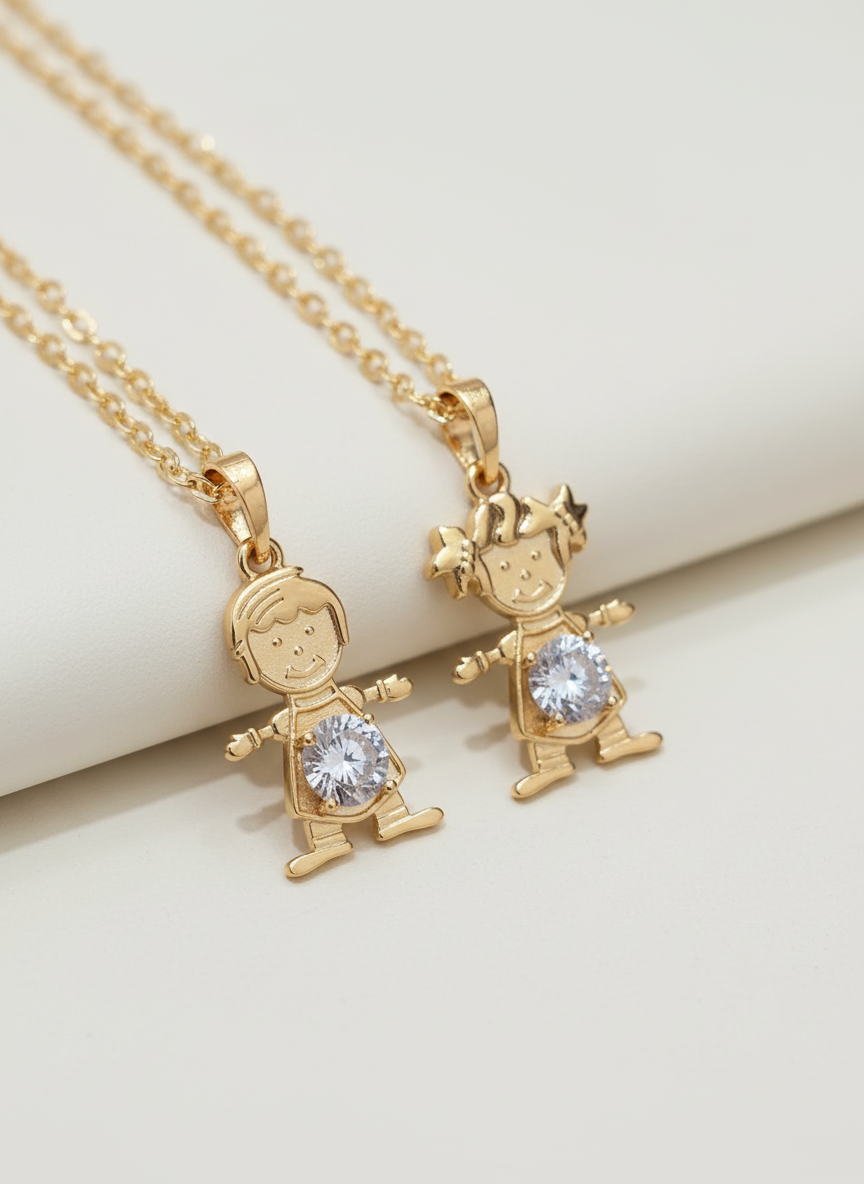 Oro Brasilero 14K Gold Filled Boy & Girl Necklace with 2mm Chain and Crystal Eyes 16Dijes de niño y niña