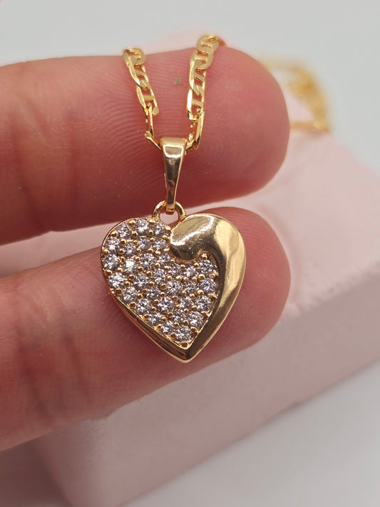 Zirconia Heart 14K laminated gold Cadena en Oro Brasilero diseno de corazon con zirconio - Fui Fuiu Jewelry