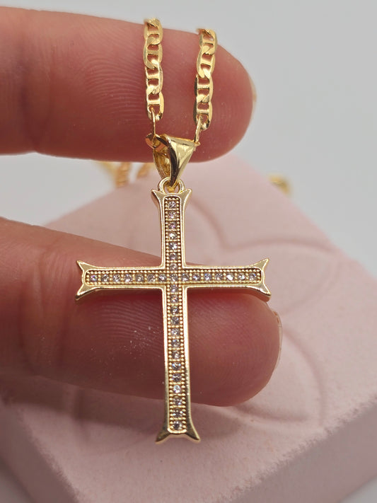 Zirconia cross 14K laminated gold Cadena en Oro Brasilero diseno de cruz con zirconia - Fui Fuiu Jewelry