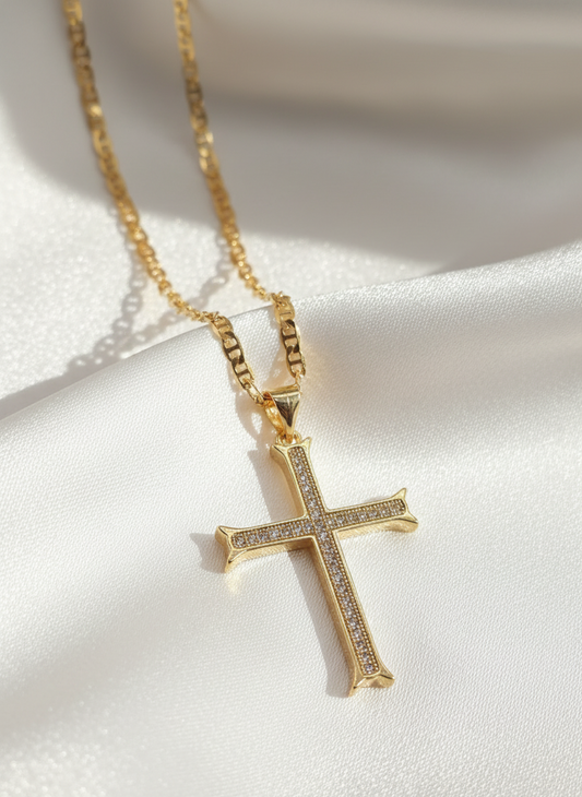 Zirconia cross 14K gold filled Cadena en Oro Brasilero diseno de cruz con zirconia
