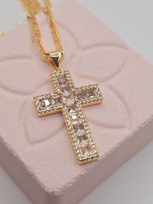 Zirconia and crystal cross 14K laminated gold Cadena en Oro Brasilero diseno de cruz con zirconia y cristal (Copy) - Fui Fuiu Jewelry