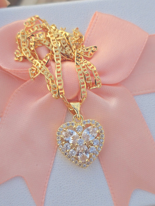 Heart and crystal necklace 14K Gold Filled, cadena de corazon con cristales en Oro Laminado