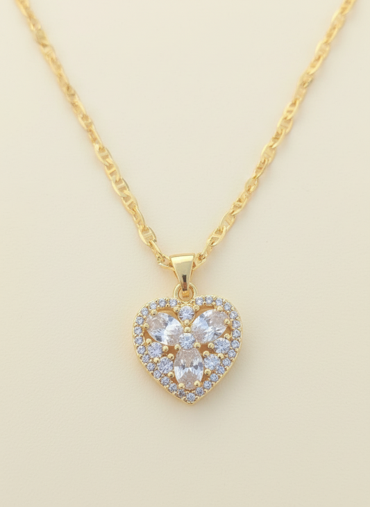 Heart and crystal necklace 14K Gold Filled, cadena de corazon con cristales en Oro Laminado Brasilero