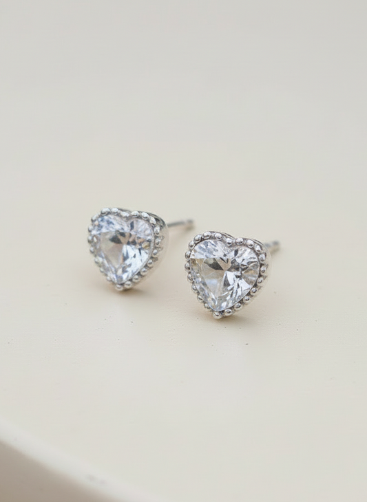 Crystal wrinkled heart Studs Sterling Silver 925 corazon de cristal de plata 925 topitos aretes