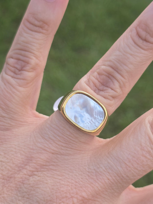 Ring shelled anillo grueso con pieza nacarada acero stainless steel ring