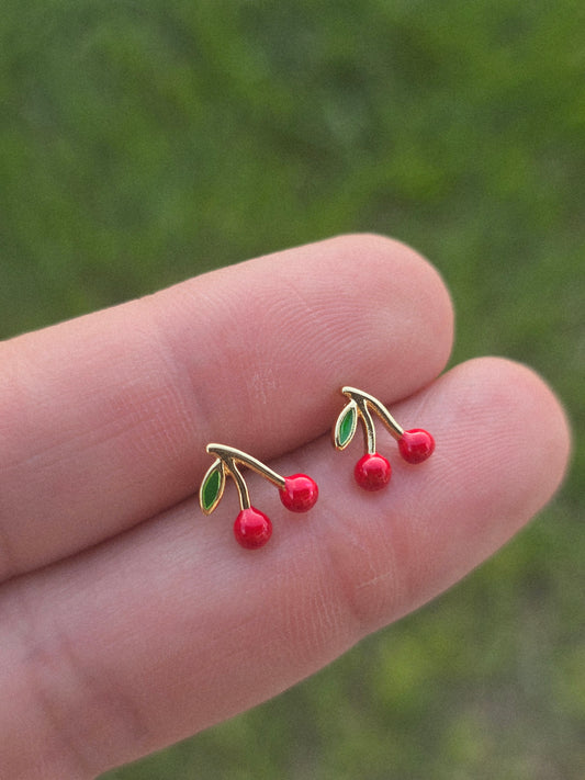Mini cherries studs super cute earrings mini cerezas aretes gold plated 18K