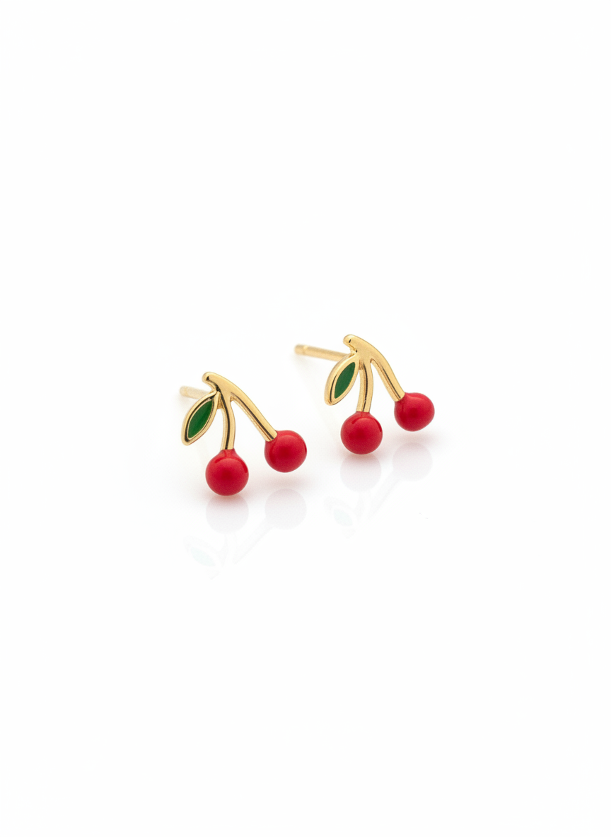 Mini cherries studs super cute earrings mini cerezas aretes gold plated 18K
