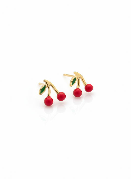 Mini cherries studs super cute earrings mini cerezas aretes gold plated 18K