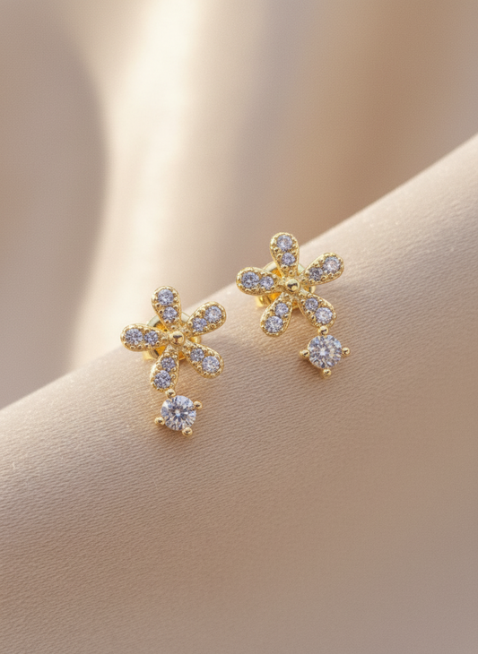 Studs flowers and crystal special aretes de flor con cristal holding gold plated 18K earrings