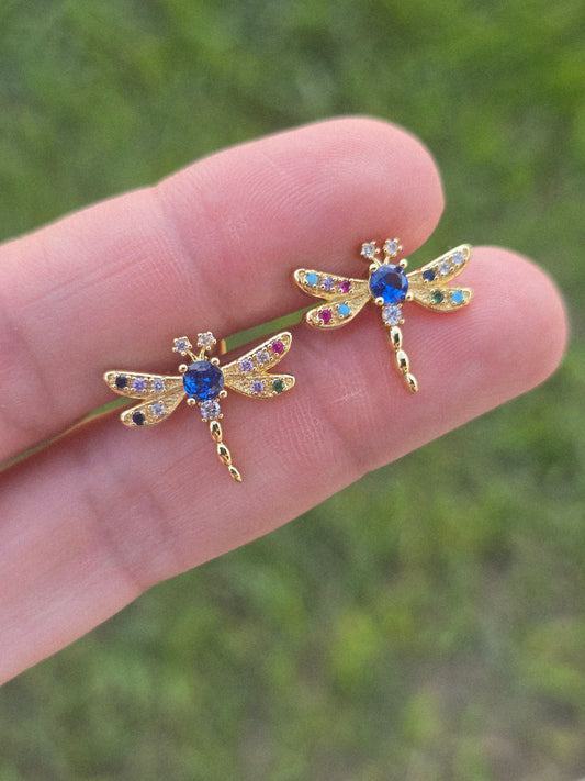 Dragonflies studs crystal aretes de libélulas aretes earrings gold plated 18K