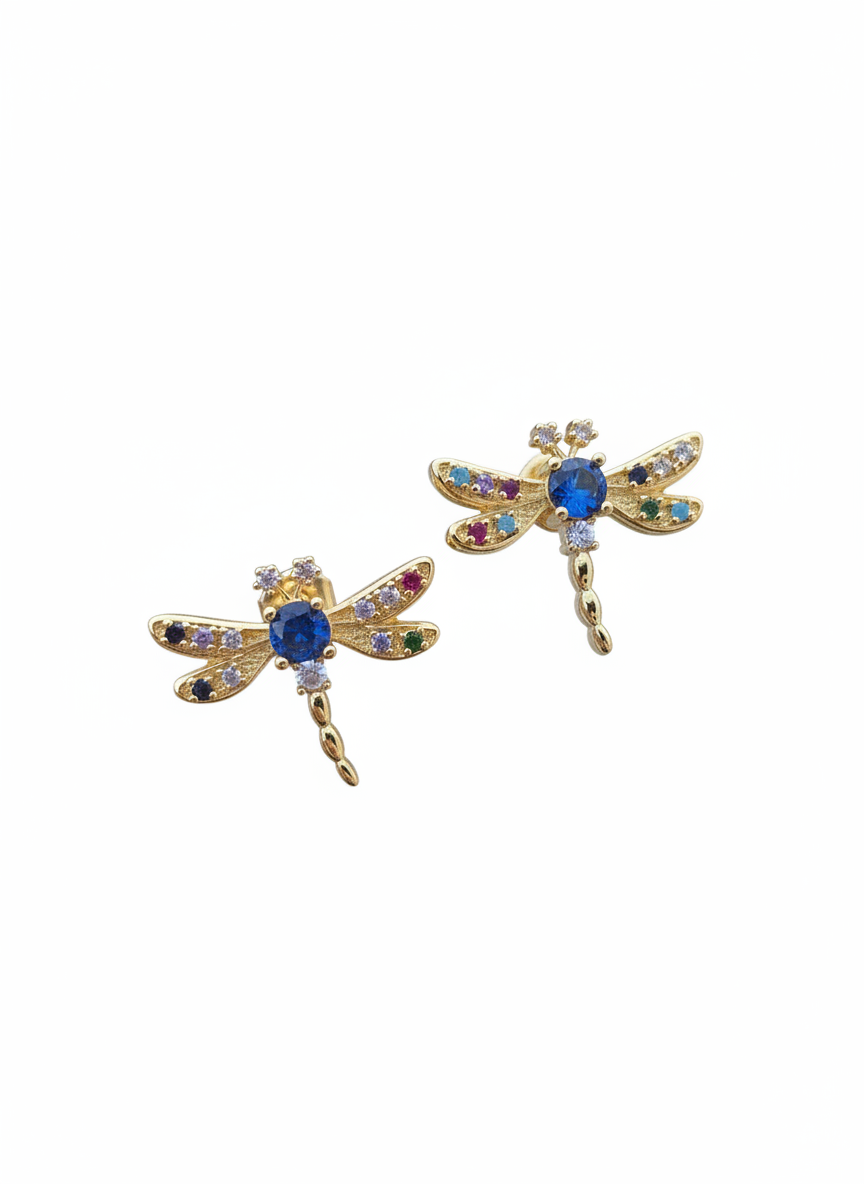 Dragonflies studs crystal aretes de libélulas aretes earrings gold plated 18K